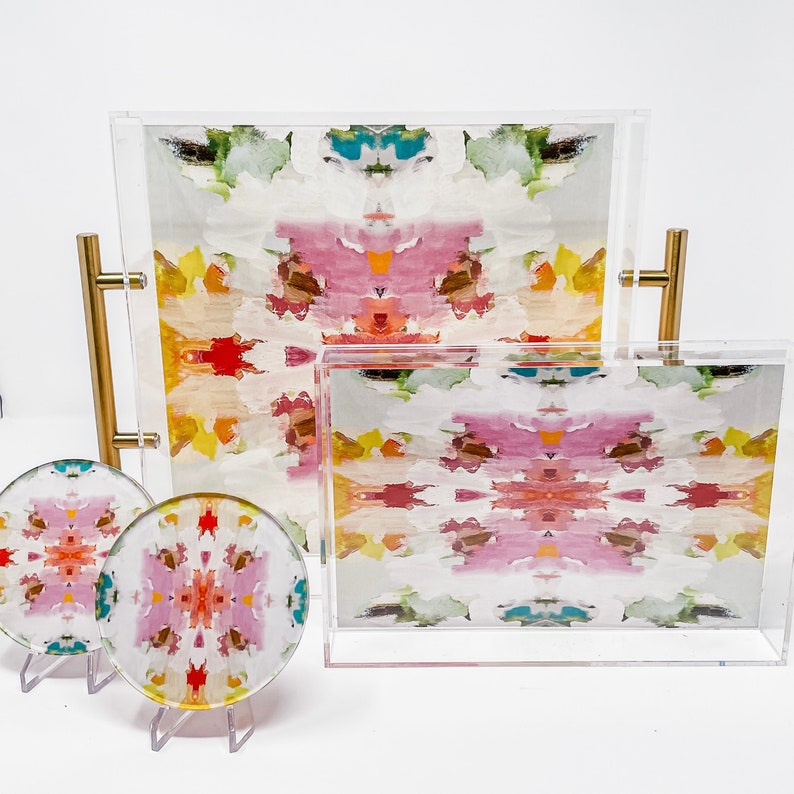 Large Acrylic Tray With Gold Handles Giverny Pattern laura Etsy