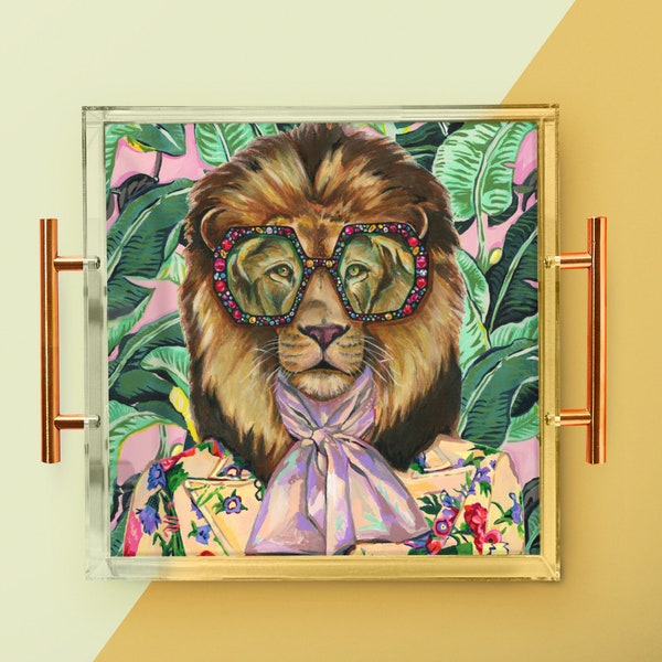 Designer Louis The Lion Acrylic Large with Gold Handles | Perfect for keys, catch-all, jewelry, desk, gifts, bar. Artwork by Heather Perry