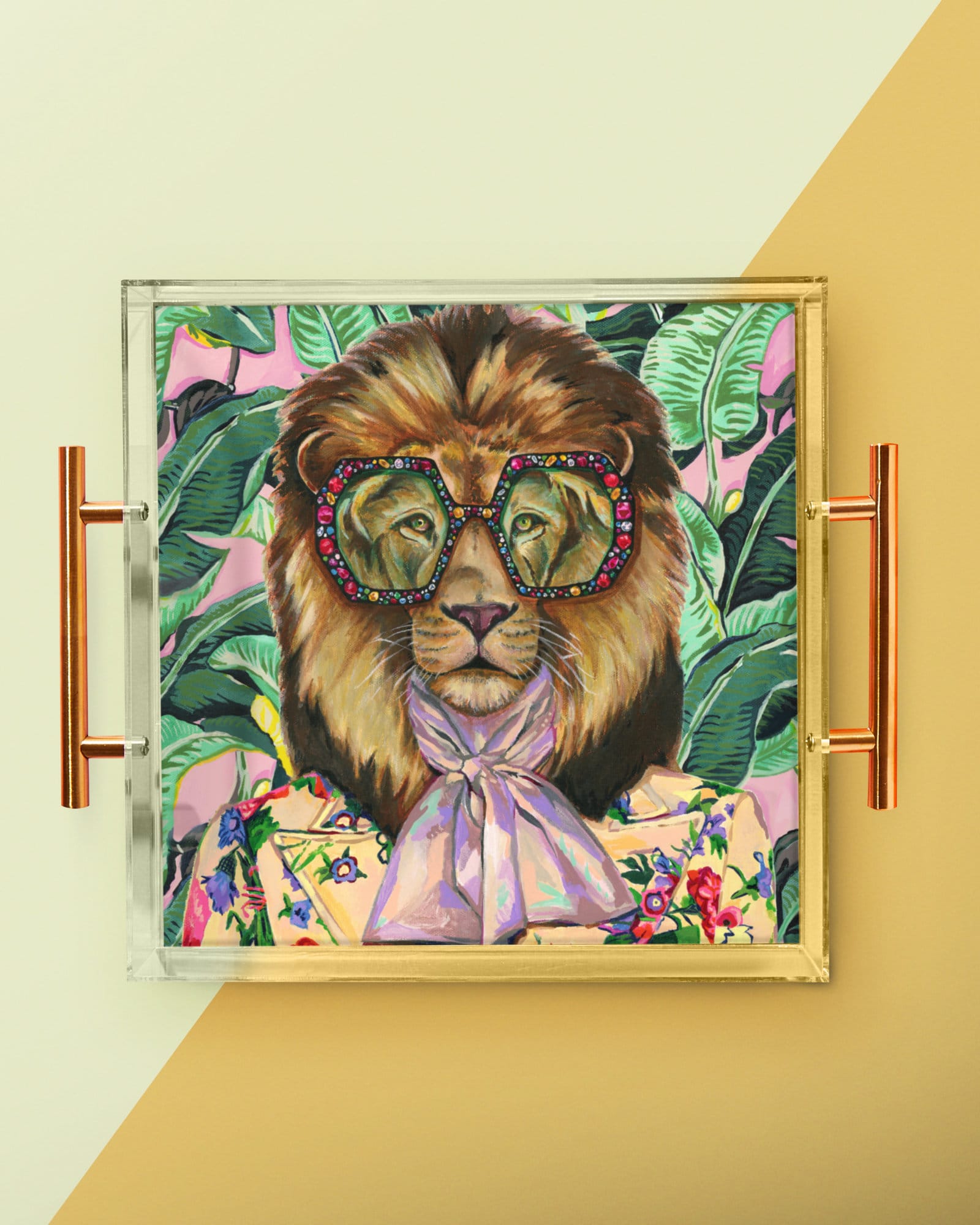 Designer Louis The Lion Acrylic Large with Gold Handles | Perfect for keys, catch-all, jewelry, desk, gifts, bar. Artwork by Heather Perry