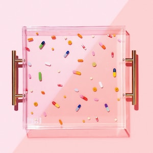 Large Acrylic and Resin Tray with Gold Handles | Colorful REAL Pill Capsules! - Perfect for keys, catch-all, jewelry, desk, gifts, bar carts