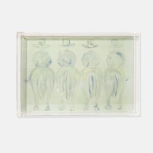 May include: An abstract painting in a clear acrylic box. The artwork depicts four figures on horseback, viewed from behind, wearing hats. The figures are painted in shades of white and blue against a pale green background.