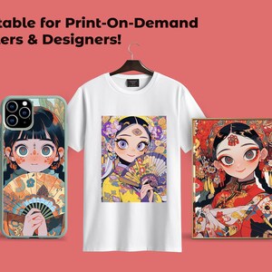K&ouml;nnte beinhalten: Drei verschiedene Produkte mit einer Cartoon-Illustration eines M&auml;dchens mit einem F&auml;cher. Die Illustration befindet sich auf einem wei&szlig;en T-Shirt, einer Handyh&uuml;lle und einem gerahmten Druck. Das M&auml;dchen hat schwarze Haare, violette Augen und tr&auml;gt ein farbenfrohes Outfit. Der Hintergrund ist einfarbig rosa.