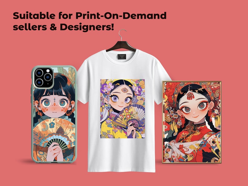 K&ouml;nnte beinhalten: Drei verschiedene Produkte mit einer Cartoon-Illustration eines M&auml;dchens mit einem F&auml;cher. Die Illustration befindet sich auf einem wei&szlig;en T-Shirt, einer Handyh&uuml;lle und einem gerahmten Druck. Das M&auml;dchen hat schwarze Haare, violette Augen und tr&auml;gt ein farbenfrohes Outfit. Der Hintergrund ist einfarbig rosa.