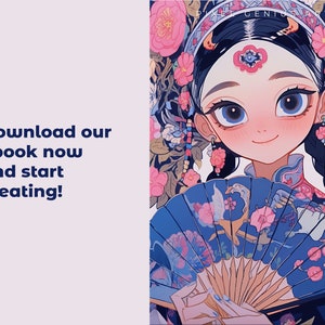 K&ouml;nnte beinhalten: Eine digitale Illustration einer Frau mit blauen Augen und langen schwarzen Haaren, die ein traditionelles chinesisches Kleid mit Blumenmustern tr&auml;gt und einen blauen und rosafarbenen F&auml;cher h&auml;lt. Der Hintergrund ist ein Blumenmuster.