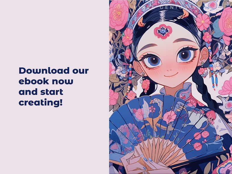 K&ouml;nnte beinhalten: Eine digitale Illustration einer Frau mit blauen Augen und langen schwarzen Haaren, die ein traditionelles chinesisches Kleid mit Blumenmustern tr&auml;gt und einen blauen und rosafarbenen F&auml;cher h&auml;lt. Der Hintergrund ist ein Blumenmuster.