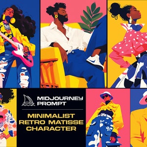 Può includere: Una vivace stampa d'arte digitale con sei figure stilizzate in stile retrò Matisse. Ogni figura è raffigurata con colori audaci e abiti unici, tra cui una persona con una chitarra rosa e un'altra con una giacca gialla. L'immagine include il testo "MIDJOURNEY PROMPT: MINIMALIST RETRO MATISSE CHARACTER."