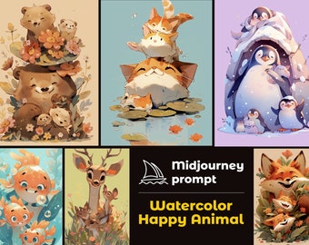 Ultimate Midjourney Prompt Watercolor Happy Animals For Children Book, Customisable Ai Generated Watercolor Illustration, Kids Nursery Art