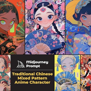 K&ouml;nnte beinhalten: Eine Collage aus vier Bildern mit Anime-Charakteren in traditioneller chinesischer Kleidung mit aufwendigen Mustern und F&auml;cher in der Hand. Die Charaktere haben gro&szlig;e Augen und bunte Kleidung.