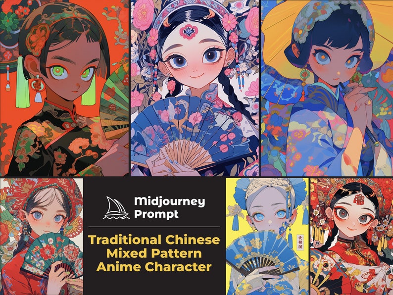 K&ouml;nnte beinhalten: Eine Collage aus vier Bildern mit Anime-Charakteren in traditioneller chinesischer Kleidung mit aufwendigen Mustern und F&auml;cher in der Hand. Die Charaktere haben gro&szlig;e Augen und bunte Kleidung.