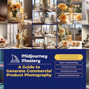 May include: A guide to generating commercial product photography using Midjourney, with tips on basic understanding, prompts, keywords, and generated references.
