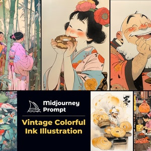May include: A vintage style illustration featuring five different scenes. The first scene shows two women in a bamboo forest. The second scene shows a woman in a kimono eating a donut. The third scene shows a man with a beard laughing. The fourth scene shows a woman making donuts. The fifth scene shows a woman in a market.