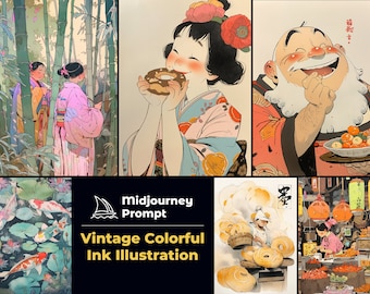 Peut inclure: Une illustration de style vintage présentant cinq scènes différentes. La première scène montre deux femmes dans une forêt de bambous. La deuxième scène montre une femme en kimono en train de manger un beignet. La troisième scène montre un homme barbu en train de rire. La quatrième scène montre une femme en train de faire des beignets. La cinquième scène montre une femme dans un marché.