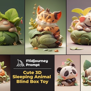 Puede incluir: Un conjunto de seis lindas figuritas de animales 3D, cada una durmiendo en una cama de hojas verdes. Los animales incluyen un gato, un zorro, un panda, un elefante, un leopardo y un gato blanco. Las figuritas están diseñadas para parecer juguetes de caja ciega.