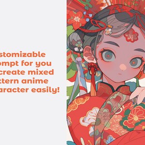 K&ouml;nnte beinhalten: Ein farbenfroher Anime-Charakter mit langen schwarzen Haaren, der ein rot-goldenes, gemustertes Kimono mit Blumendesigns tr&auml;gt. Der Charakter hat gro&szlig;e Augen und einen zarten Gesichtsausdruck.