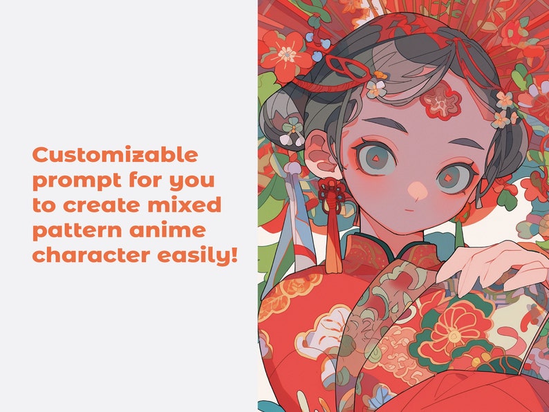 K&ouml;nnte beinhalten: Ein farbenfroher Anime-Charakter mit langen schwarzen Haaren, der ein rot-goldenes, gemustertes Kimono mit Blumendesigns tr&auml;gt. Der Charakter hat gro&szlig;e Augen und einen zarten Gesichtsausdruck.