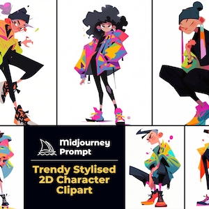 May include: A set of six digital illustrations of stylized 2D characters wearing colorful clothing and accessories. The characters are in various poses and have different hairstyles and facial expressions. The illustrations are in a trendy, modern style.