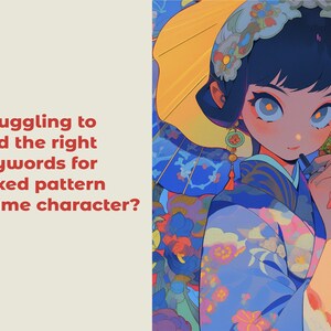 K&ouml;nnte beinhalten: Anime-Charakter mit blauen Haaren und gro&szlig;en Augen, der ein blaues und gelbes gemustertes Kimono mit einem gelben Regenschirm tr&auml;gt.