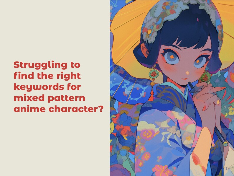 K&ouml;nnte beinhalten: Anime-Charakter mit blauen Haaren und gro&szlig;en Augen, der ein blaues und gelbes gemustertes Kimono mit einem gelben Regenschirm tr&auml;gt.