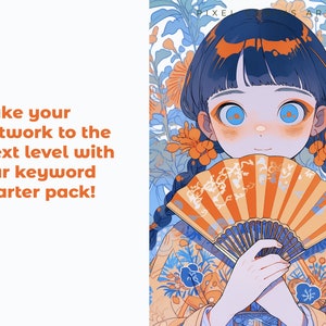 K&ouml;nnte beinhalten: Eine digitale Illustration einer jungen Frau mit blauen Augen und langen schwarzen Z&ouml;pfen. Sie tr&auml;gt einen gelben und blauen Kimono mit orangefarbenen Blumen und h&auml;lt einen traditionellen japanischen F&auml;cher. Der Text "PIXEL IS ART" ist in der oberen rechten Ecke des Bildes sichtbar.