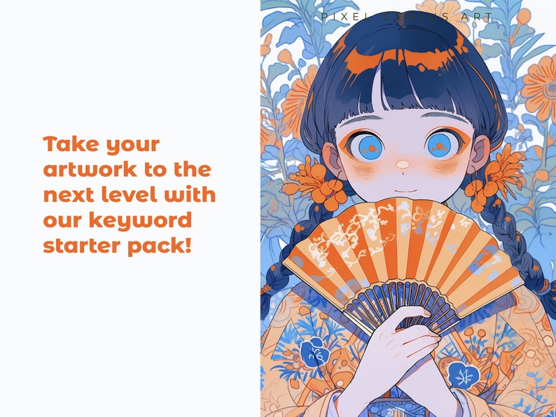 K&ouml;nnte beinhalten: Eine digitale Illustration einer jungen Frau mit blauen Augen und langen schwarzen Z&ouml;pfen. Sie tr&auml;gt einen gelben und blauen Kimono mit orangefarbenen Blumen und h&auml;lt einen traditionellen japanischen F&auml;cher. Der Text "PIXEL IS ART" ist in der oberen rechten Ecke des Bildes sichtbar.