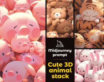 Midjourney Prompt Cute 3D Animal Stack For Artist, Customisable AI Generated Wall Art For Print On Demand, Instant Access, Digital Art