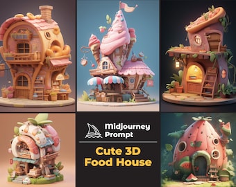 May include: A collection of four 3D rendered images of cute food-themed houses. The houses are made of various food items, such as donuts, ice cream, pizza, and watermelon. Each house has a unique design and features a variety of details, such as windows, doors, and chimneys. The images are rendered in a cartoon style and have a whimsical and playful feel.