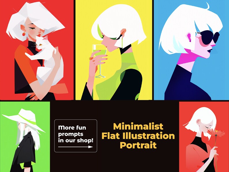 K&ouml;nnte beinhalten: Vier minimalistische flache Illustrationen von Frauen mit wei&szlig;em Haar. Jede Illustration ist vor einem anderen Hintergrund platziert: rot, gelb, blau und orange. Der Text "Minimalist Flat Illustration Portrait" befindet sich am unteren Rand des Bildes.