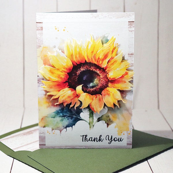 Handmade layered Sunflower Thank You card with matching envelope and liner.