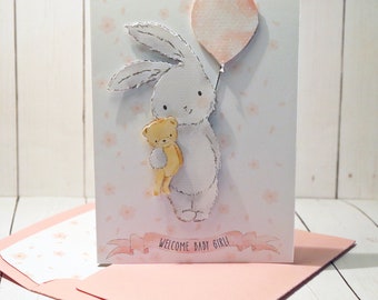 Handmade Welcome baby girl card with matching envelope and liner