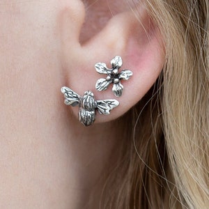 Zarte Biene und Blume Silber Ohrstecker - Niedliche und kleine Natur-inspirierte Ohrringe