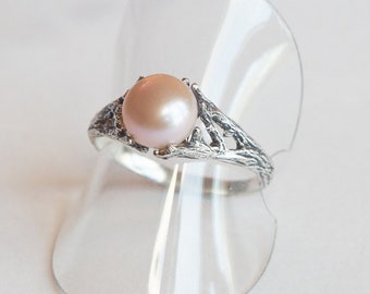 Handcrafted Sterling Silver Twig Ring with Genuine Pearl - Unique Jewelry