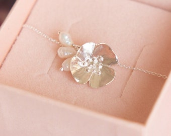 Dainty Silver Flower and Pearls Bracelet - Handcrafted Jewelry