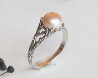 Handcrafted Sterling Silver 8 US Twig Ring with Genuine Pearl - Unique Jewelry