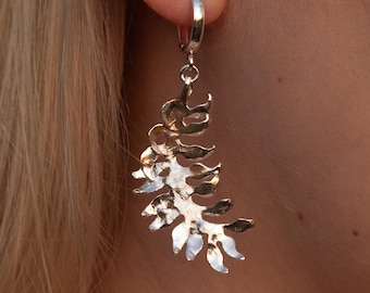 Unique Asymmetrical Silver Fern Leaf Earrings with Moss Agate - Handmade Jewelry