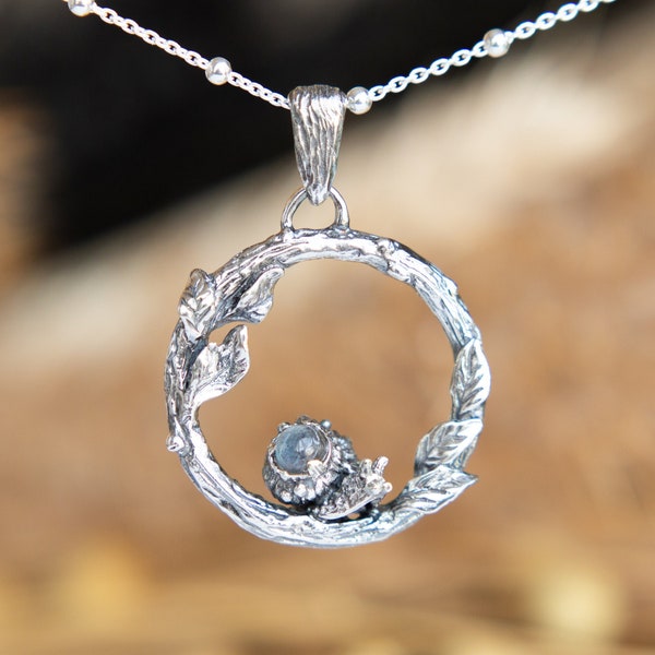 Whimsical Silver Snail Pendant with Magical Labradorite Gemstone - Nature-inspired Jewelry