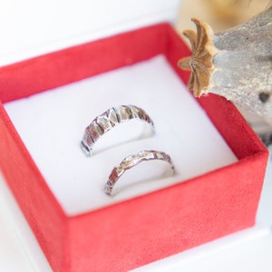 May include: Two silver wedding bands with a textured finish, displayed in a red velvet ring box.