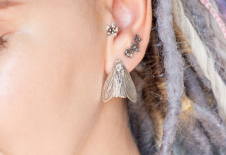 Moth Inspired Silver Stud Earrings Exquisite Handmade Jewelry image 1