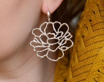 Boho Silver Rose Silhouette Earrings - Bold and Romantic