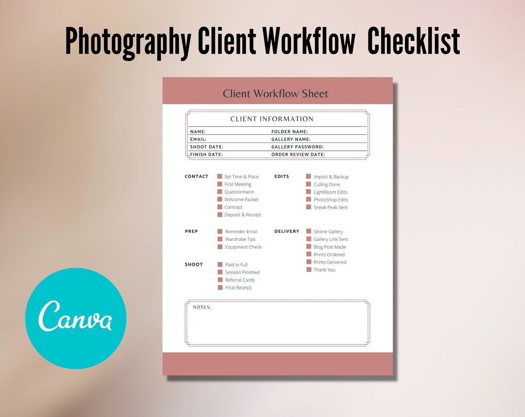Client Workflow Checklist Template for Photographers, Photography Form ...
