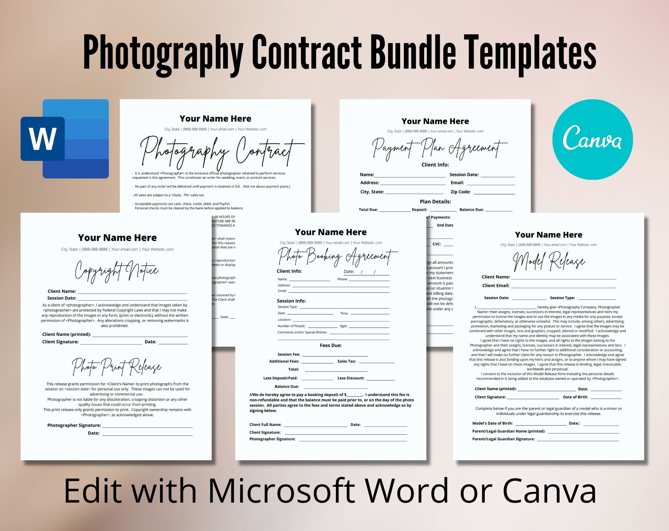 Contract Bundle Templates for Photographers, Photography Business Pack ...