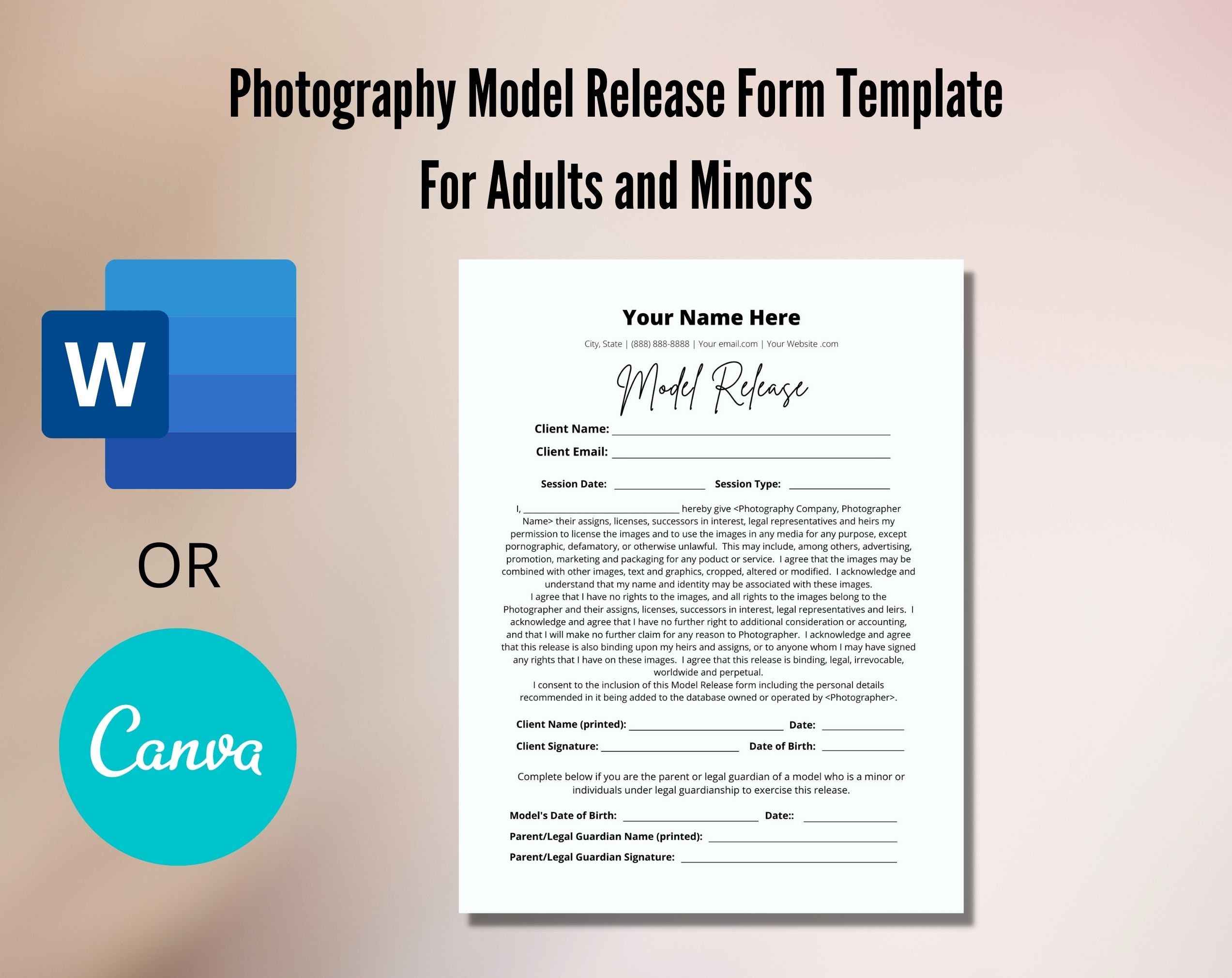 Model Release Form Template for Photographers Model Release Etsy