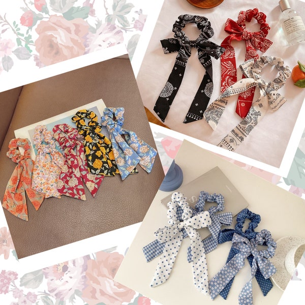 Floral Scarf Scrunchies pack | Long-Tail Scrunchie | Colorful Scrunchies | Bridal Flower Scrunchie | Ponytail Scarf with knot | Bridesmaid
