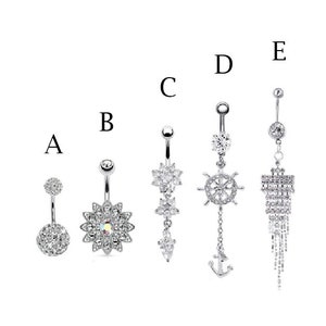 Silver Dangle Belly Ring, Flower Belly Rings, Crystal Belly Ring, Navel Ring, Curved Barbell Piercing, Dainty Belly Ring,