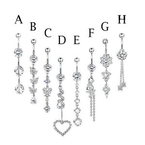 Silver & Rose Gold Dangle Belly Ring, Surgical Steel Belly Button Ring, Curved Barbell Piercing, Dainty Belly Ring Crystal Belly Button Ring