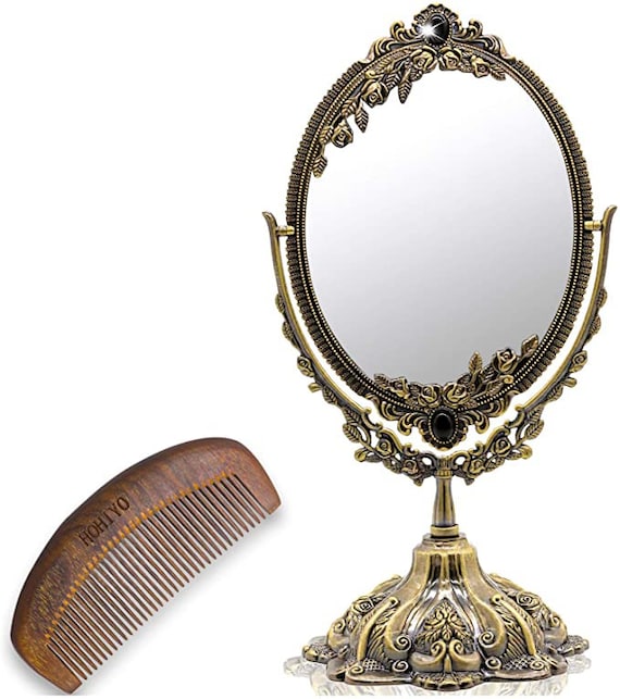 Vintage Style Makeup Desk Mirror With Wood Comb Two Sided Vintage Style Makeup Desk Mirror With, Antique Desktop Mirror
