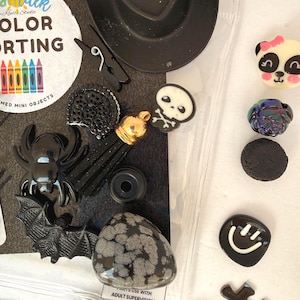 May include: A collection of small black-themed objects including a miniature cowboy hat, a spider, a bat, a skull, a tassel, a snowflake obsidian stone, and various charms. A circular label reads "Small Talk" and "Color Sorting" with a crayon graphic.