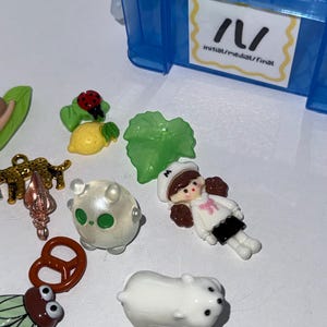 May include: A collection of small, colorful charms and embellishments. Includes a ladybug on a lemon, a green leaf, a white bear, a pretzel, a fly, and a small doll. A blue plastic container with text is in the background.
