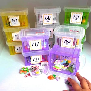 May include: A collection of small, translucent plastic storage bins in yellow, purple, and green, each labeled with phonetic symbols like /f/, /d/, /g/, /t/, and /b/. The bins contain various miniature colorful figurines and small objects.