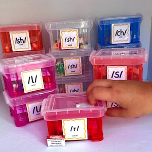 May include: A collection of small, rectangular, translucent plastic storage bins in red, pink, and blue. Each bin features a white label with a phonetic symbol such as /sh/, /l/, /ch/, /s/, or /r/ and the word initial. A small caution sign is included.