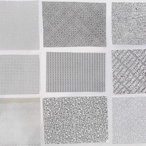 May include: Nine different black and white patterned squares on a white background. The patterns are geometric and abstract.
